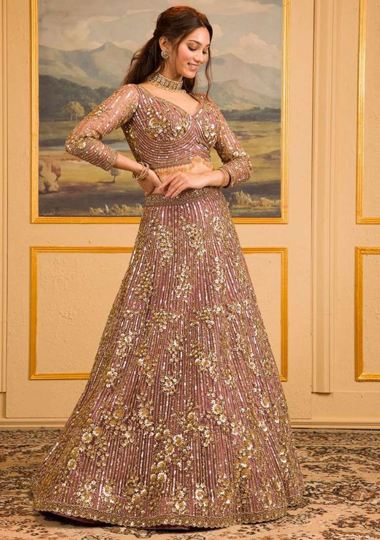 Pink Faux Georgette Lehenga Set with Embroidered for Diwali | Wedding & Festive Wear - Indya