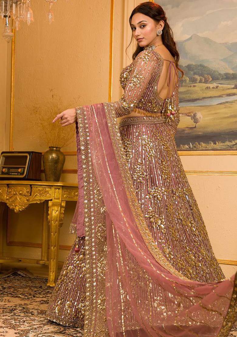 Pink Faux Georgette Lehenga Set with Embroidered for Diwali | Wedding & Festive Wear - Indya