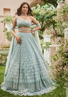 Green Embroidered Net Lehenga Set