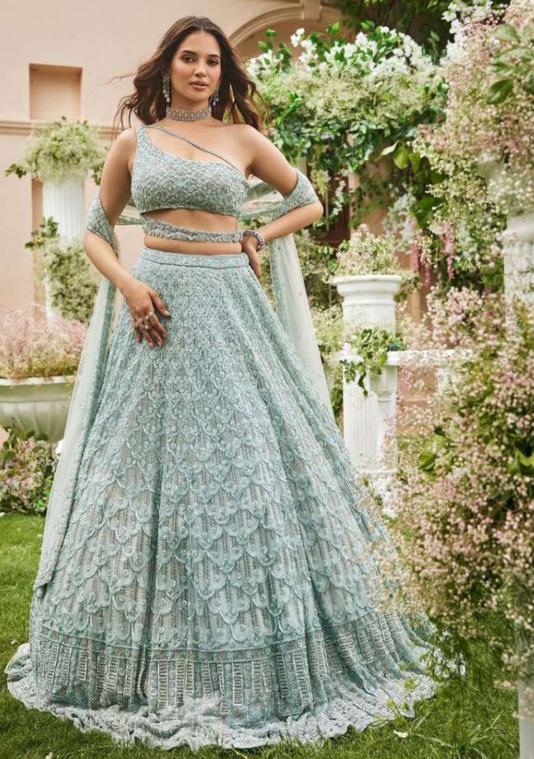 Green Net Lehenga Set with Embroidered for Diwali | Wedding & Festive Wear - Indya