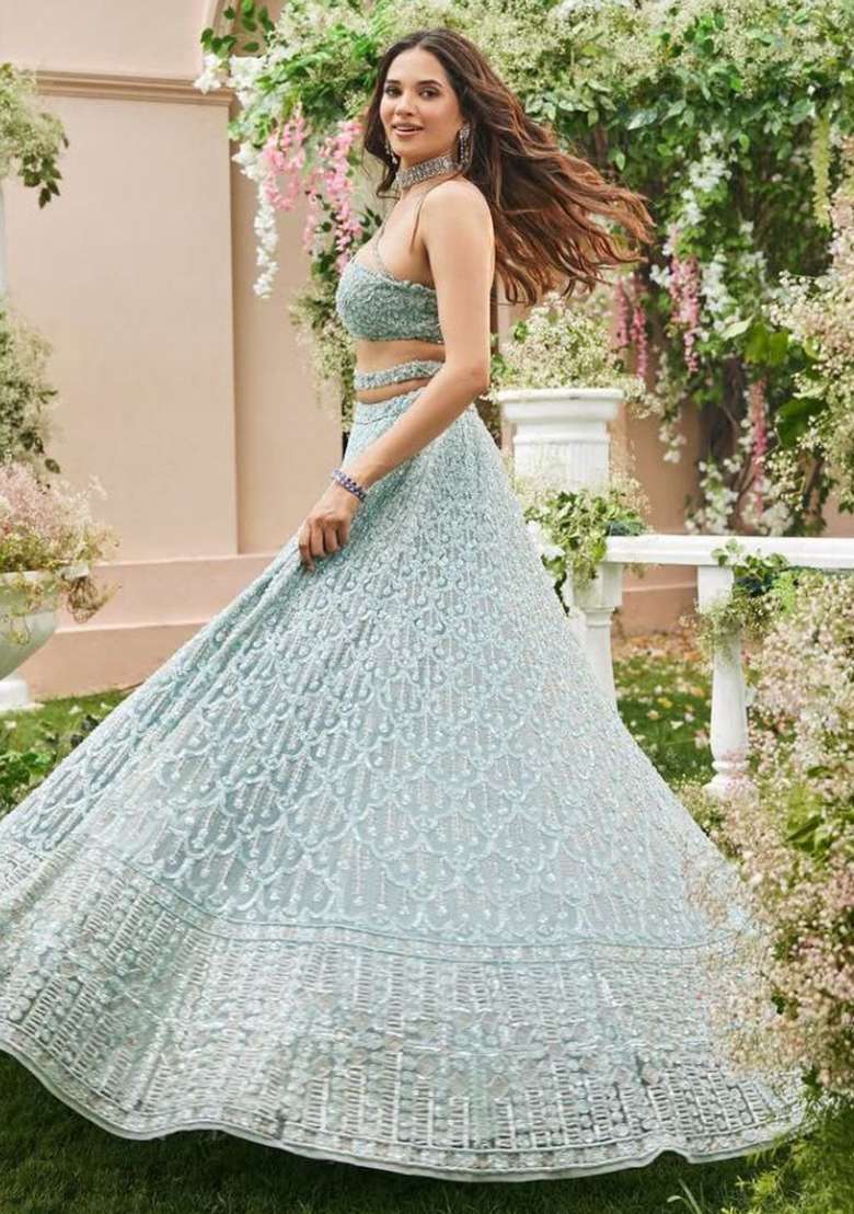 Green Net Lehenga Set with Embroidered for Diwali | Wedding & Festive Wear - Indya