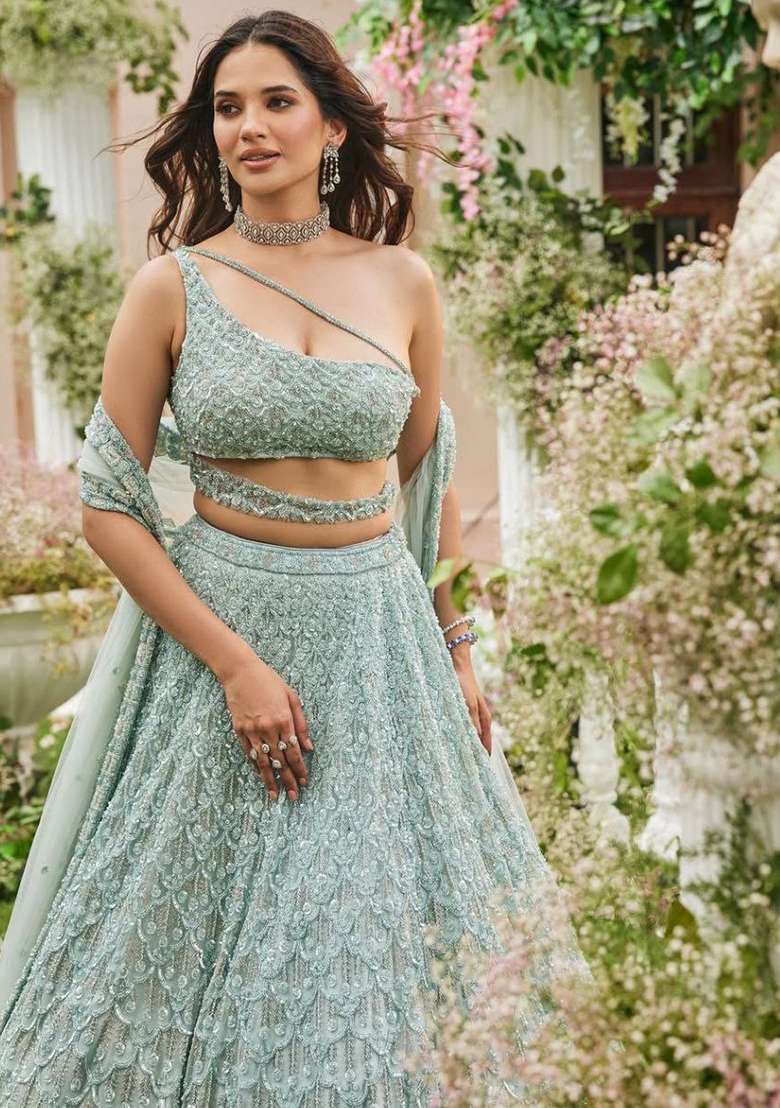 Green Net Lehenga Set with Embroidered for Diwali | Wedding & Festive Wear - Indya