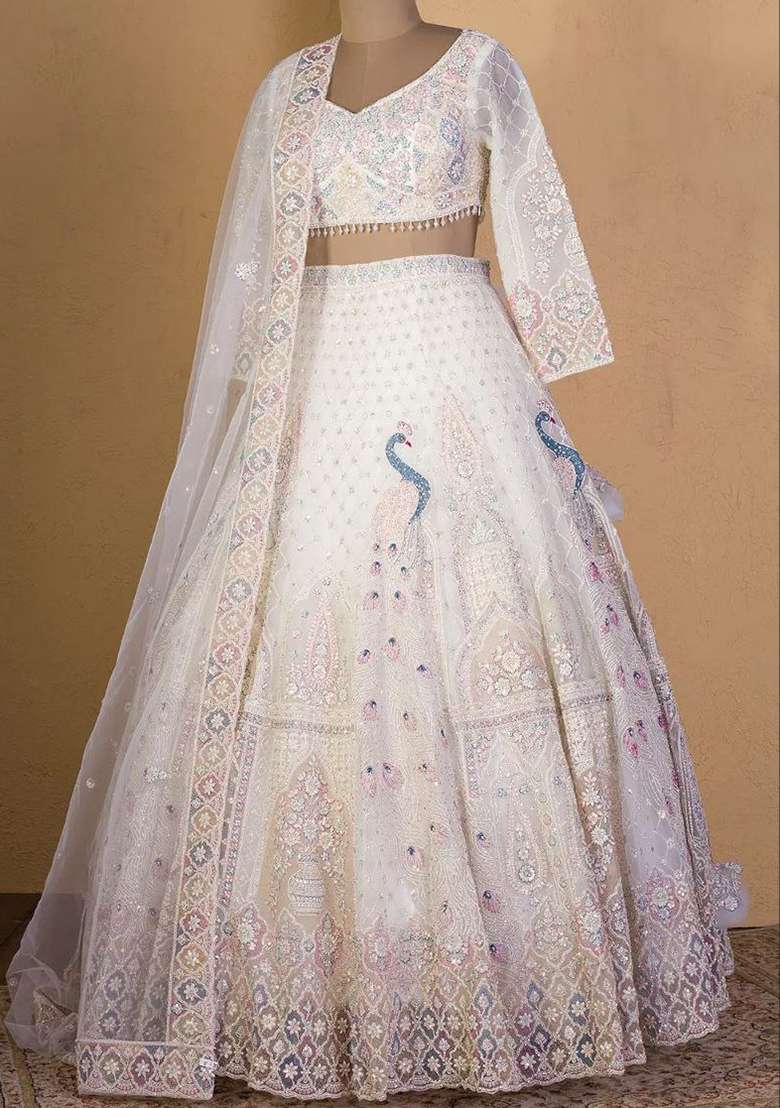 White Embroidered Soft Butterfly Net Lehenga Set - Indya