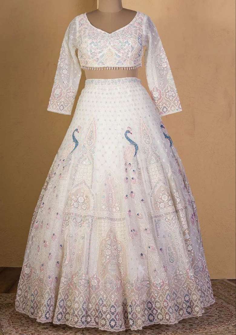 White Embroidered Soft Butterfly Net Lehenga Set - Indya
