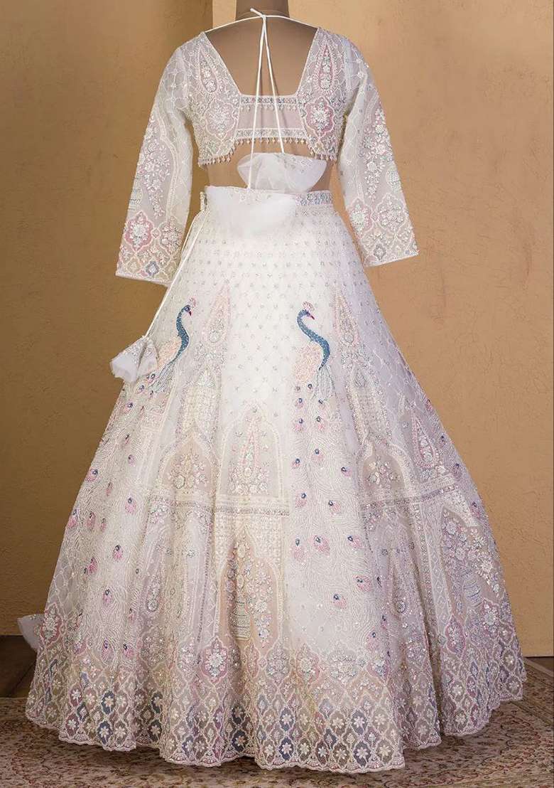 White Embroidered Soft Butterfly Net Lehenga Set - Indya