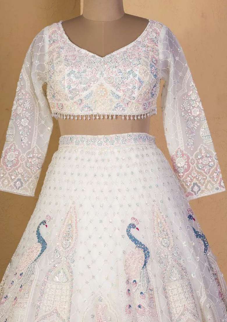 White Embroidered Soft Butterfly Net Lehenga Set - Indya