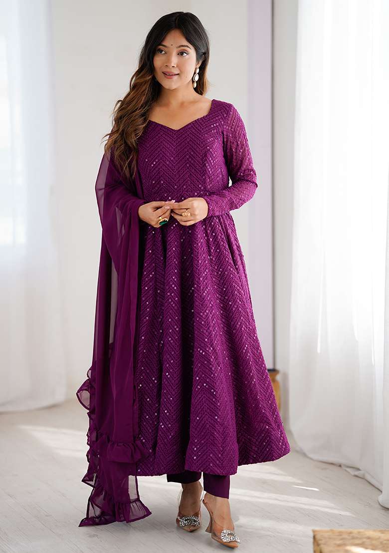 Wine Embroidered Fox Georgette Gwon Set - Indya
