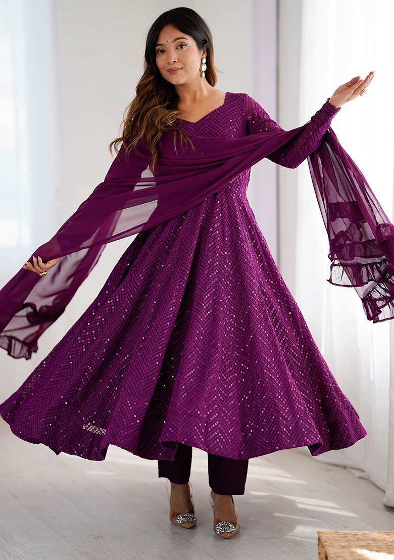 Wine Embroidered Fox Georgette Gwon Set - Indya