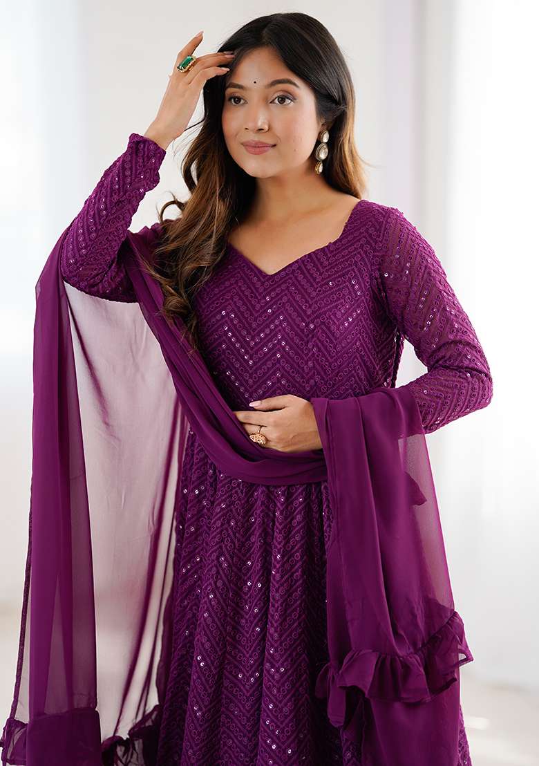 Wine Embroidered Fox Georgette Gwon Set - Indya