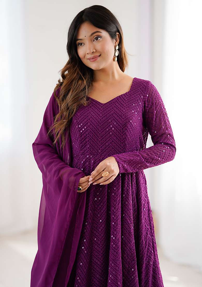 Wine Embroidered Fox Georgette Gwon Set - Indya