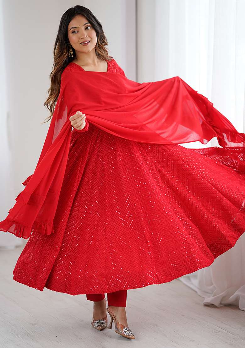 Red Embroidered Fox Georgette Gwon Set - Indya