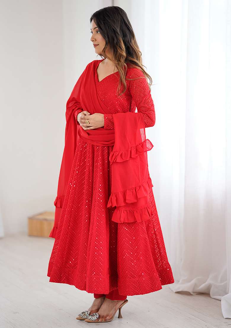 Red Embroidered Fox Georgette Gwon Set - Indya