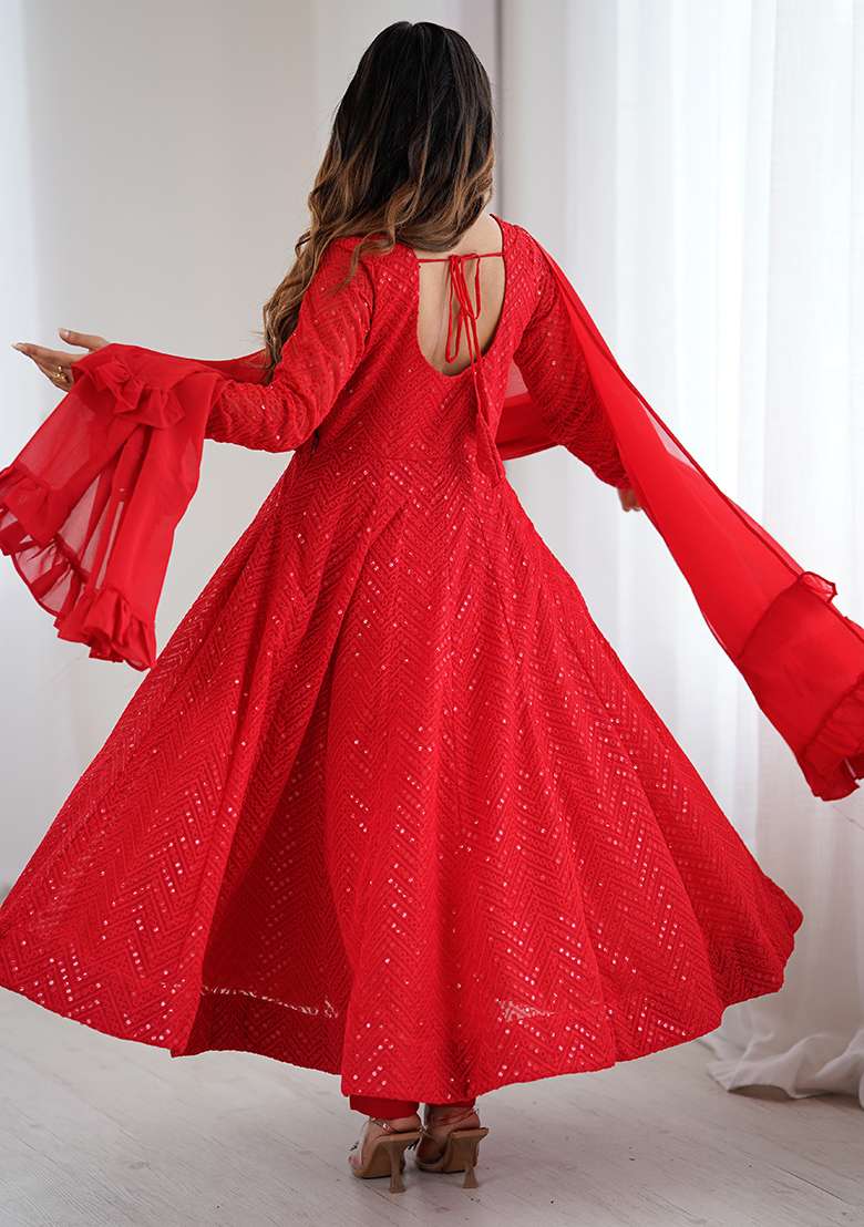 Red Embroidered Fox Georgette Gwon Set - Indya