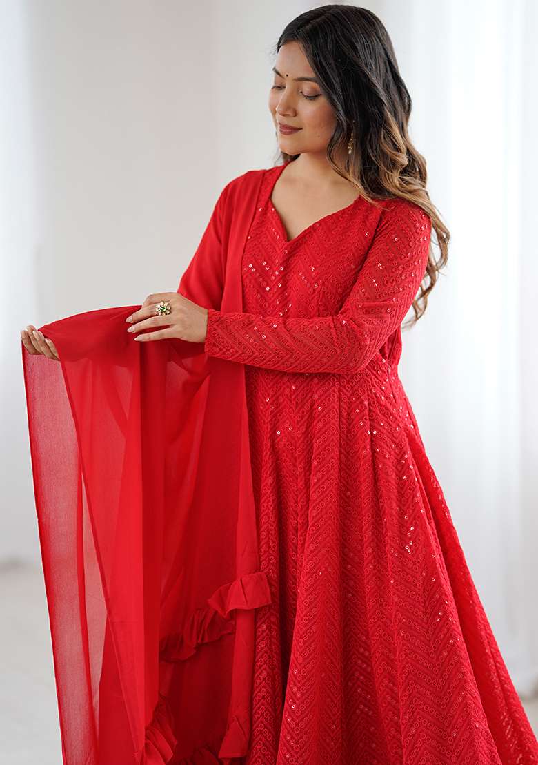 Red Embroidered Fox Georgette Gwon Set - Indya