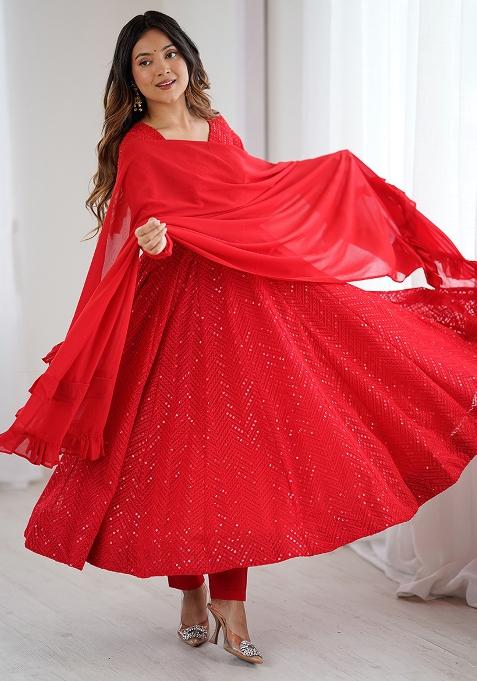 Red Embroidered Fox Georgette Gwon Set