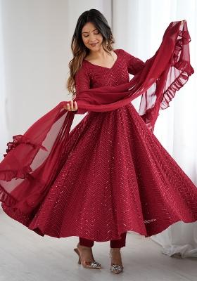 Maroon Embroidered Fox Georgette Gwon Set