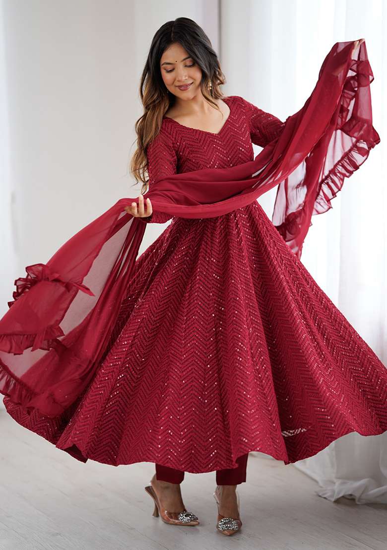 Maroon Embroidered Fox Georgette Gwon Set - Indya