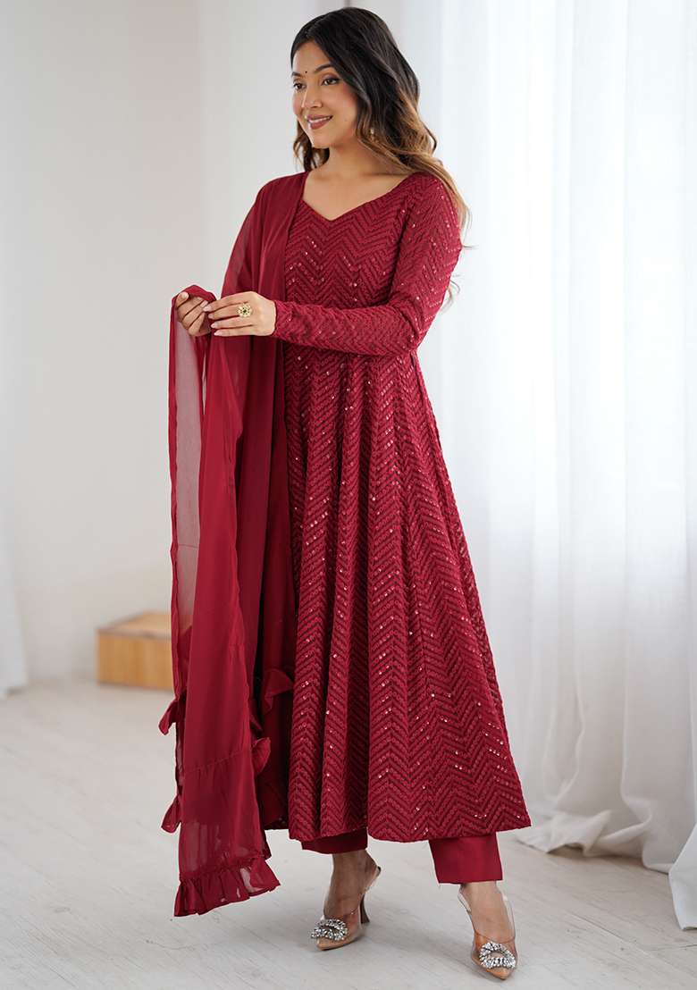 Maroon Embroidered Fox Georgette Gwon Set - Indya