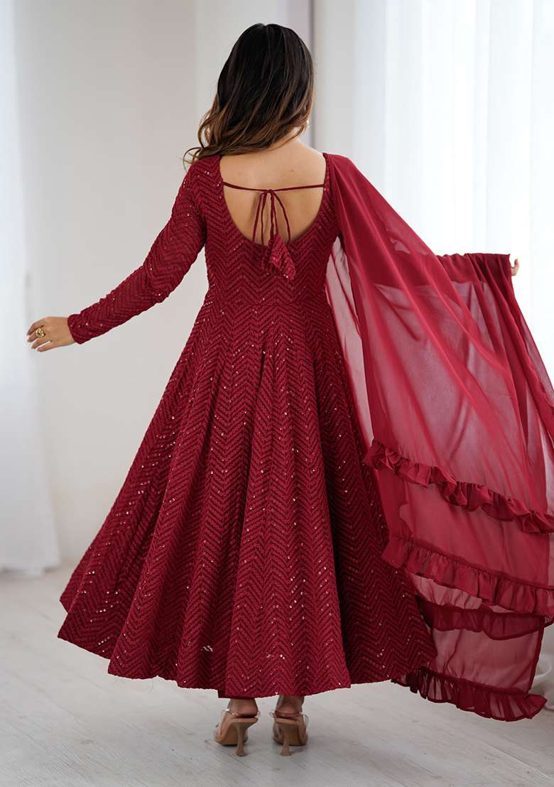 Maroon Embroidered Fox Georgette Gwon Set - Indya