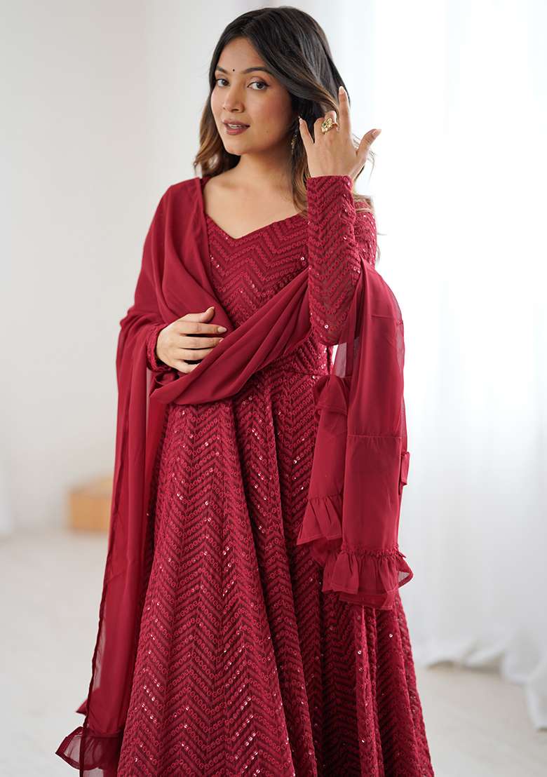Maroon Embroidered Fox Georgette Gwon Set - Indya