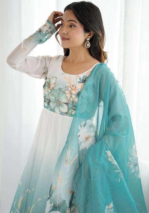Buy Women Aqua Blue Embroidered Silk Gwon Set - XLH56137 - Salwar ...