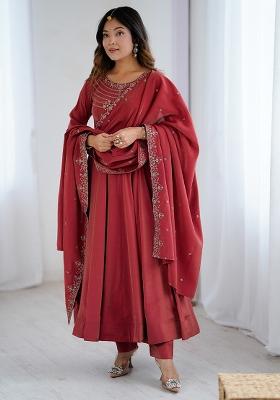 Maroon Embroidered Silk Gwon Set