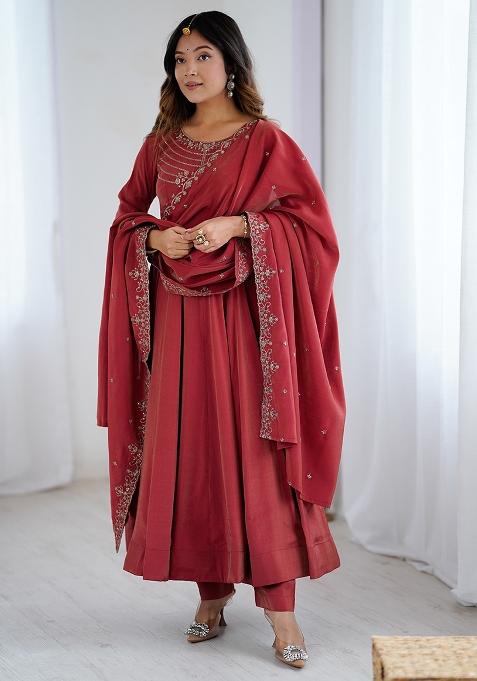 Maroon Embroidered Silk Gwon Set