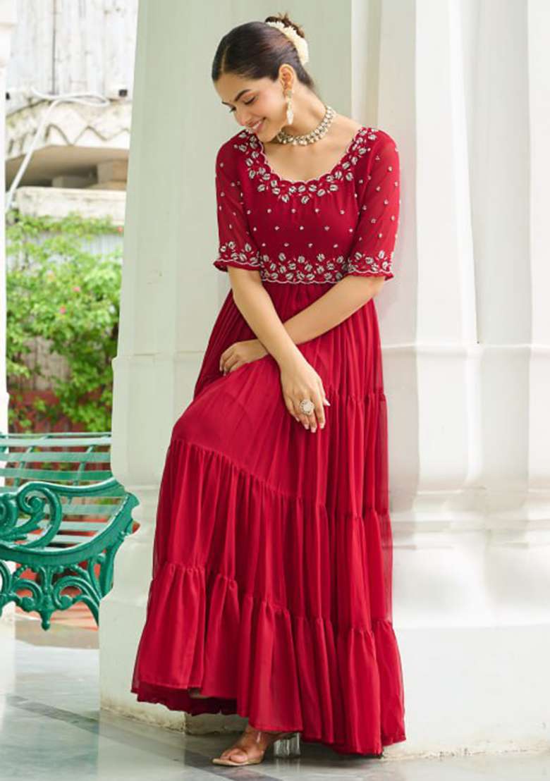 Maroon Embroidered Faux Blooming Gwon Set - Indya