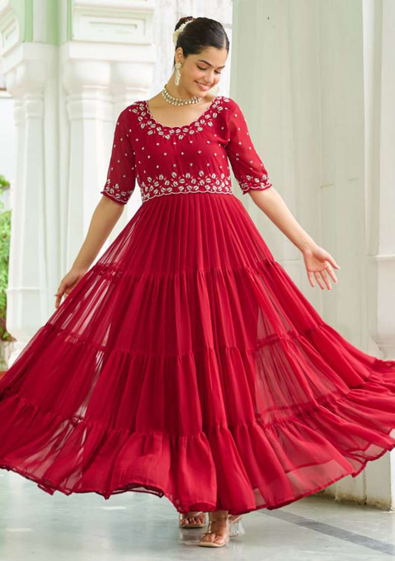 Maroon Embroidered Faux Blooming Gwon Set - Indya