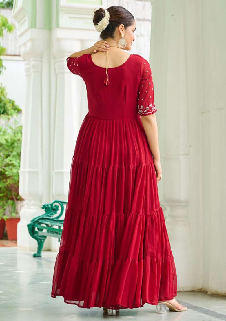 Maroon Embroidered Faux Blooming Gwon Set - Indya