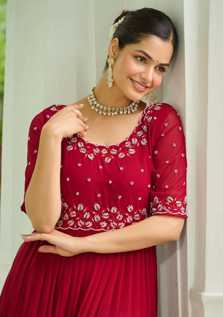 Maroon Embroidered Faux Blooming Gwon Set - Indya
