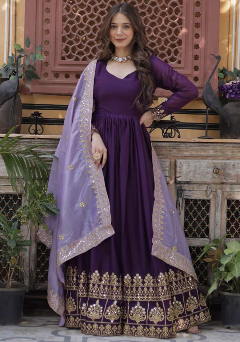 Wine Embroidered Georgette Gwon Set - Indya