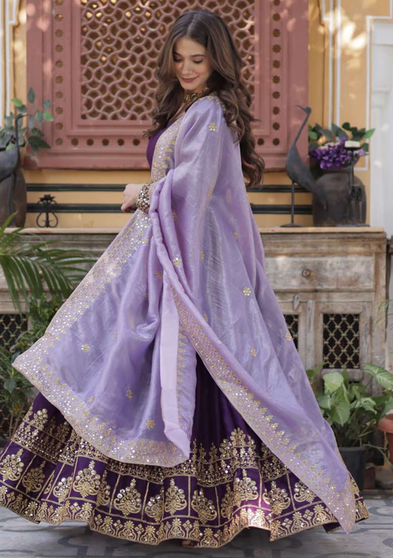 Wine Embroidered Georgette Gwon Set - Indya