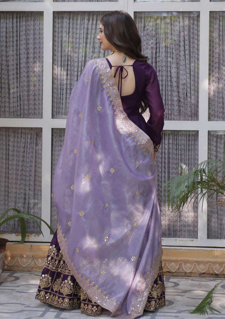 Wine Embroidered Georgette Gwon Set - Indya