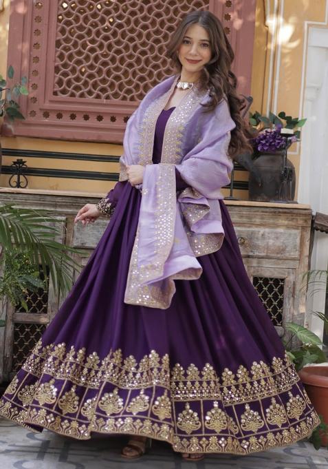 Wine Embroidered Georgette Gwon Set