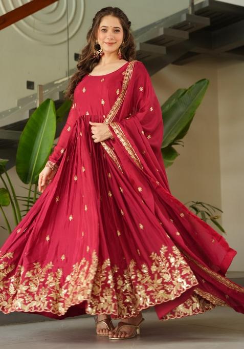 Red Embroidered Chinnon Gwon Set