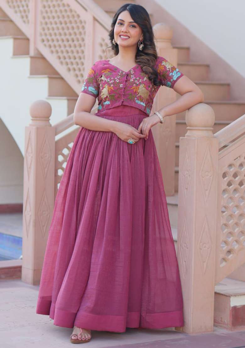 Dusty Pink Embroidered Silver Crunchy Gwon Set - Indya