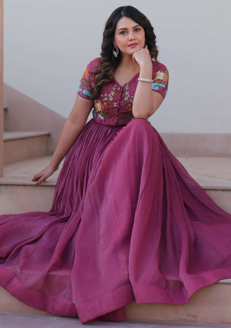 Dusty Pink Embroidered Silver Crunchy Gwon Set - Indya