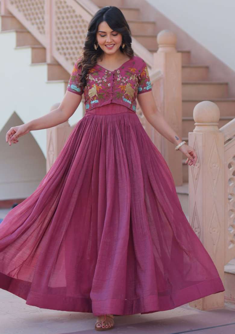 Dusty Pink Embroidered Silver Crunchy Gwon Set - Indya