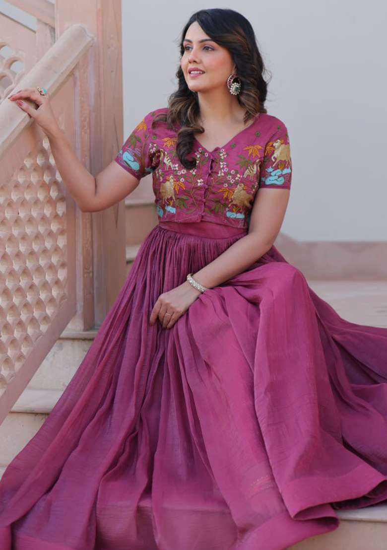 Dusty Pink Embroidered Silver Crunchy Gwon Set - Indya