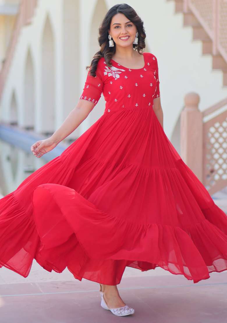 Red Embroidered Faux Blooming Gwon Set - Indya
