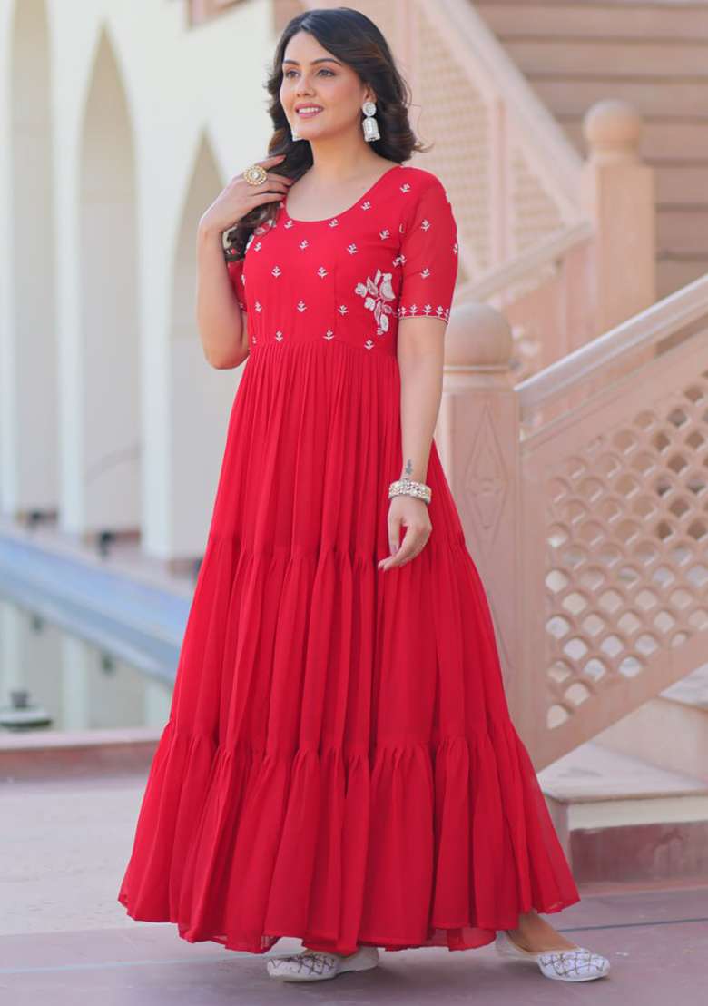 Red Embroidered Faux Blooming Gwon Set - Indya