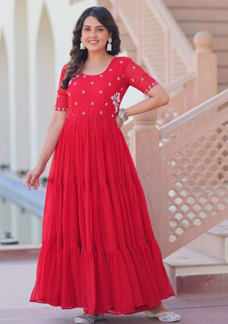 Red Embroidered Faux Blooming Gwon Set - Indya