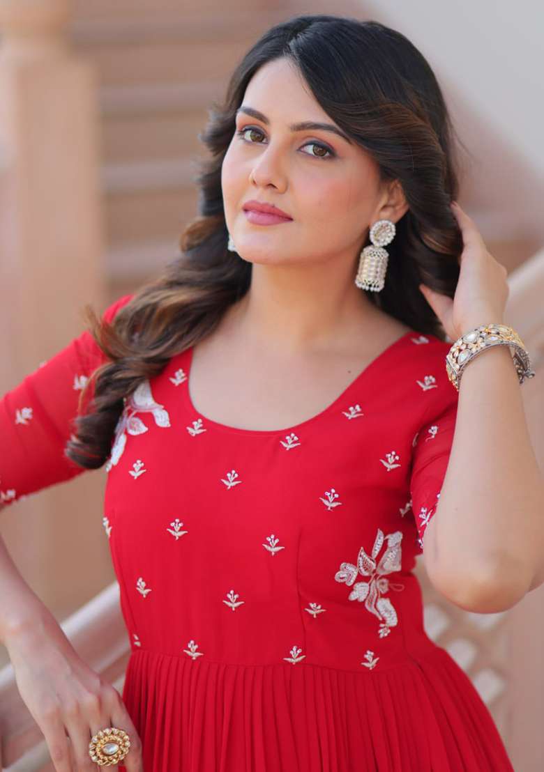 Red Embroidered Faux Blooming Gwon Set - Indya