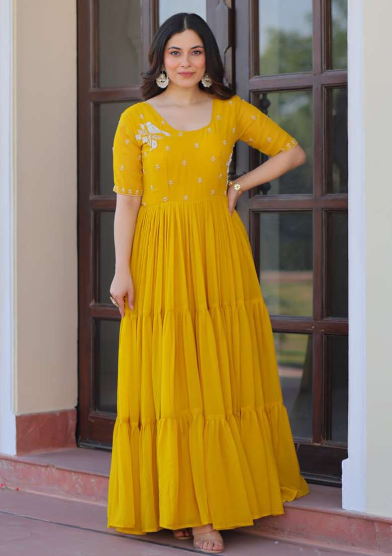 Yellow Embroidered Faux Blooming Gwon Set - Indya