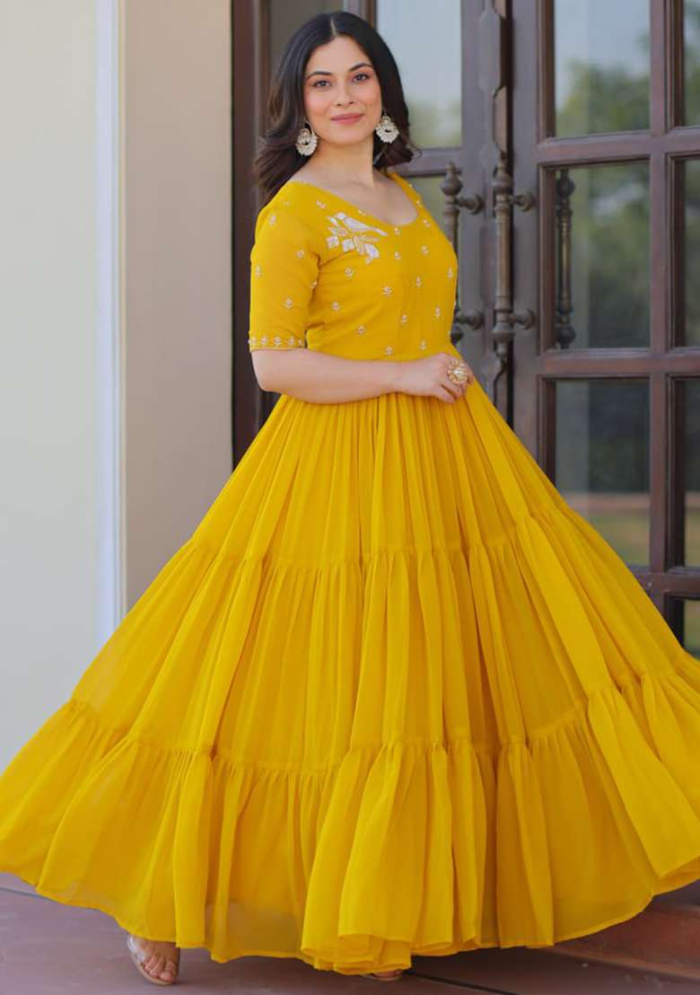 Yellow Embroidered Faux Blooming Gwon Set - Indya