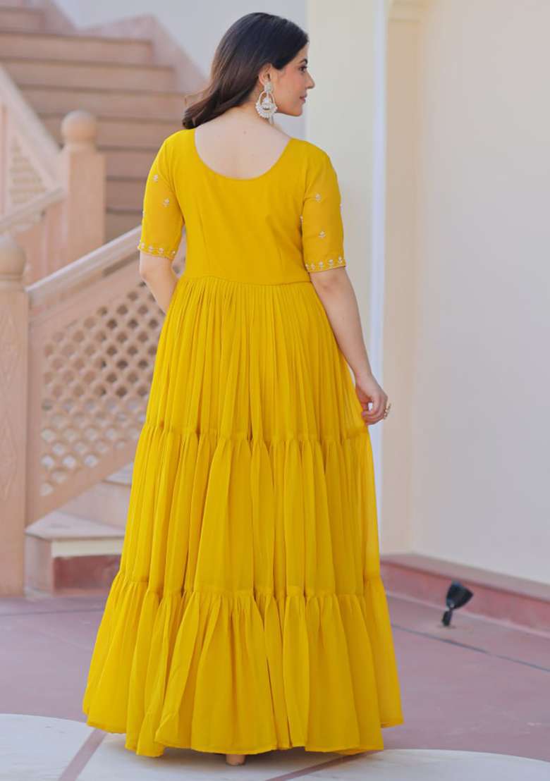 Yellow Embroidered Faux Blooming Gwon Set - Indya