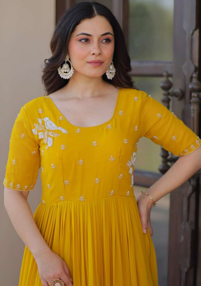 Yellow Embroidered Faux Blooming Gwon Set - Indya