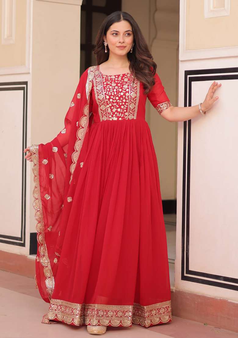 Red Embroidered Faux Blooming Gwon Set - Indya