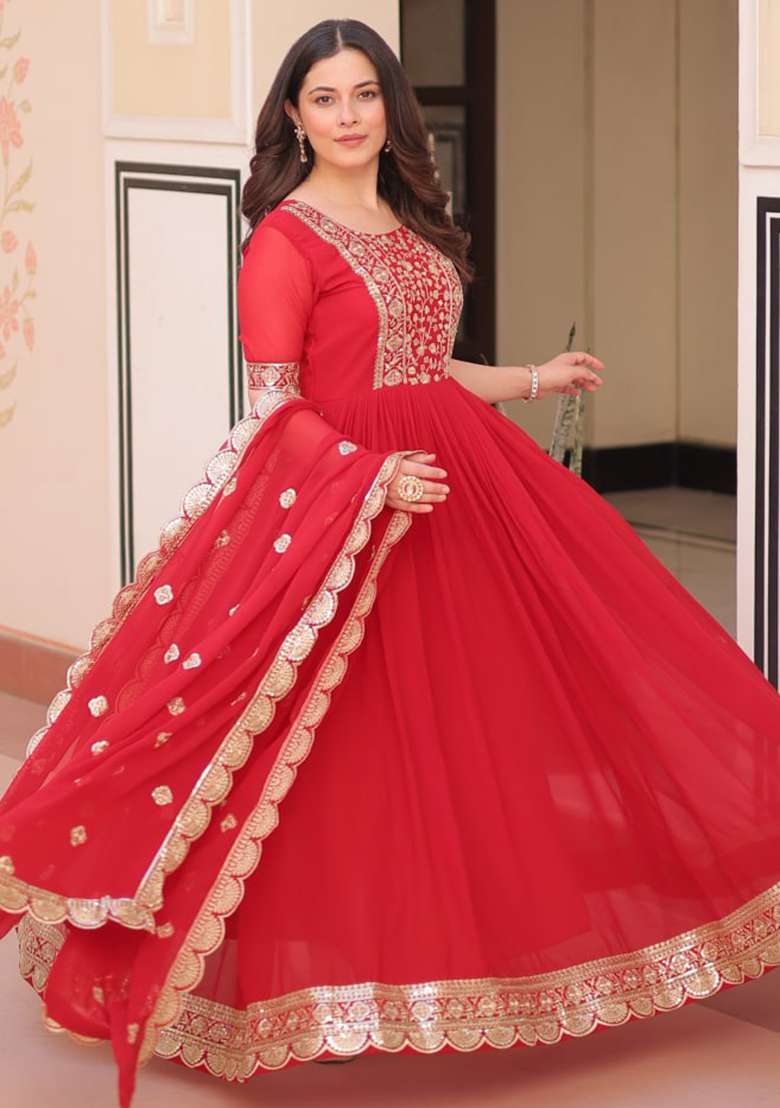 Red Embroidered Faux Blooming Gwon Set - Indya